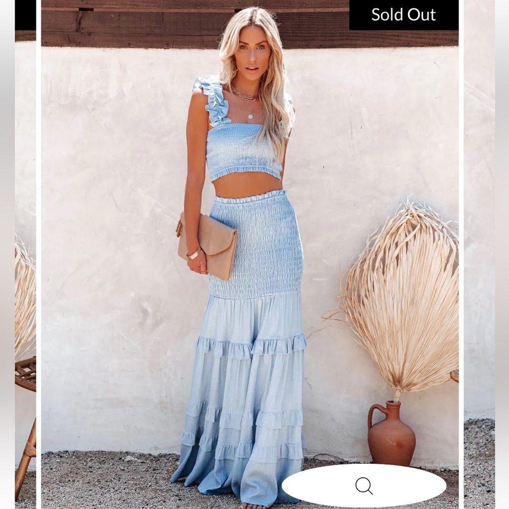 Vici Linen Blended Smocked Tiered Maxi Skirt and Cropped Top Set - Bump Friendly